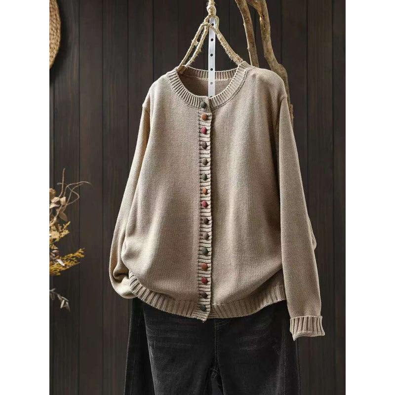 Women’s Loose Cotton Cardigan With Colored Buckle Detail
