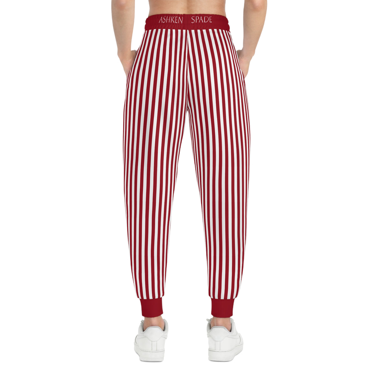 Red and White Vertical Striped Athletic Joggers