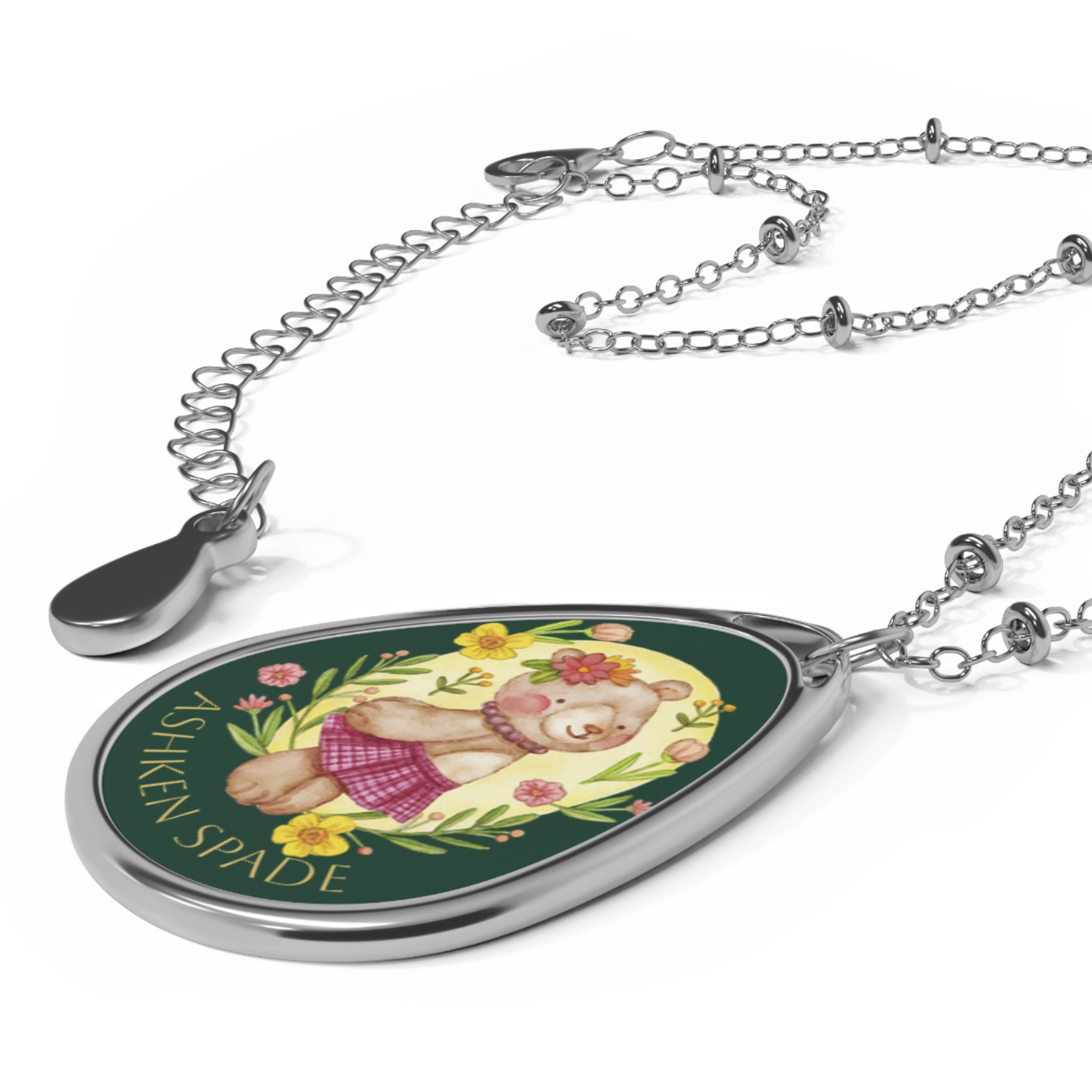 Floral Bear Engraved Teardrop Necklace