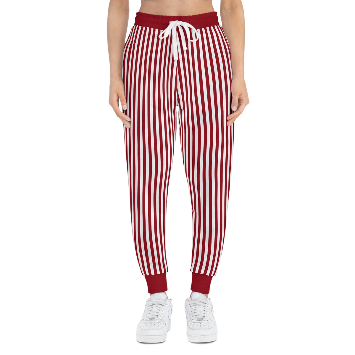 Red and White Vertical Striped Athletic Joggers