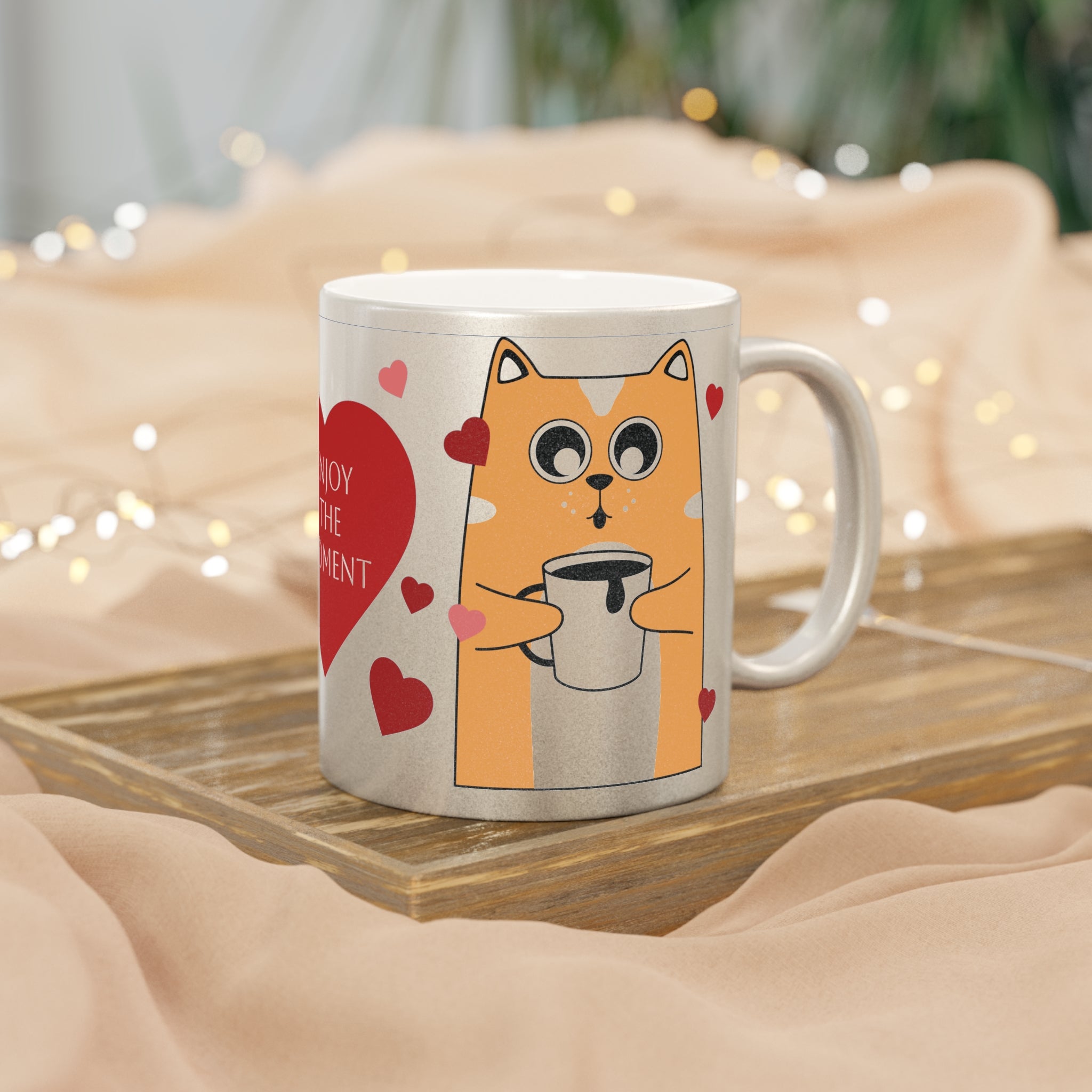 Cute Cat Holding Coffee with Hearts Mug