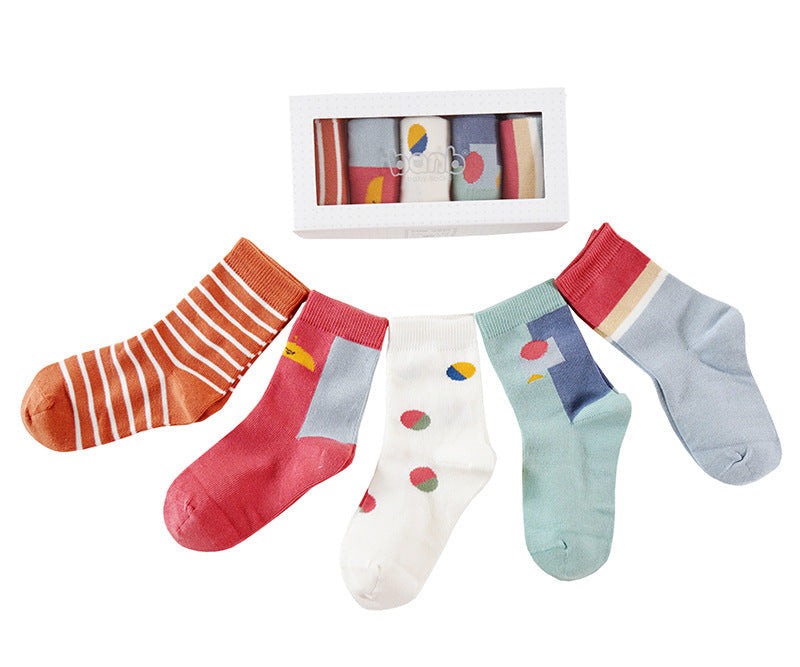 Five pairs of breathable cartoon baby socks in autumn and winter