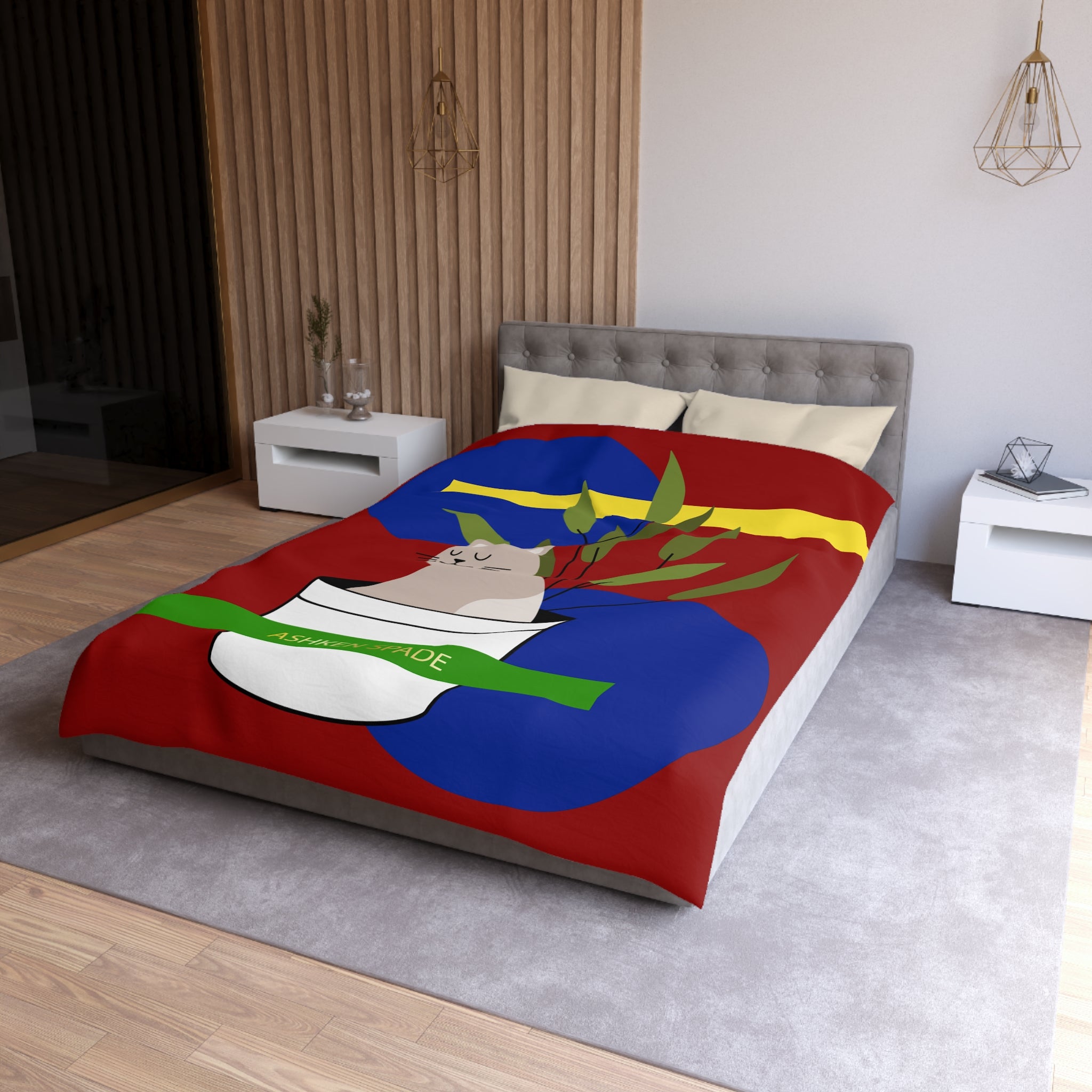 Red Cozy Cat & Plant Duvet Cover