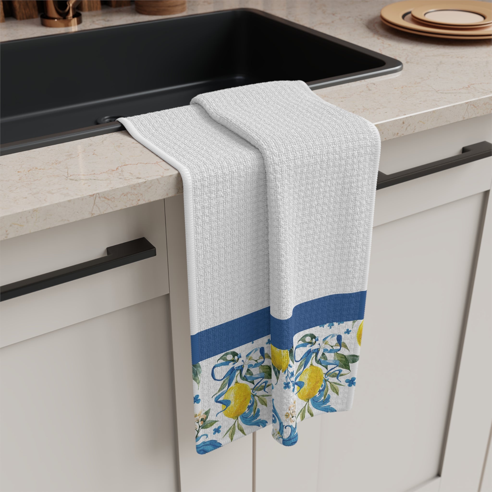 Lemon & Blue Floral Microfiber Tea Towel