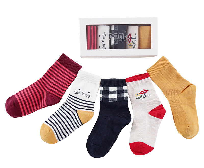 Five pairs of breathable cartoon baby socks in autumn and winter