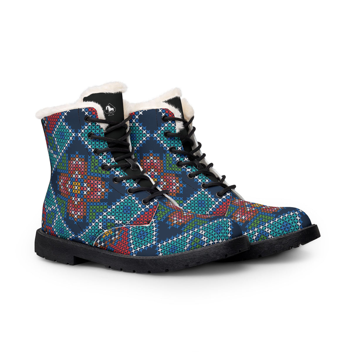 Boho Floral Pattern Fur-Lined Leather Boots