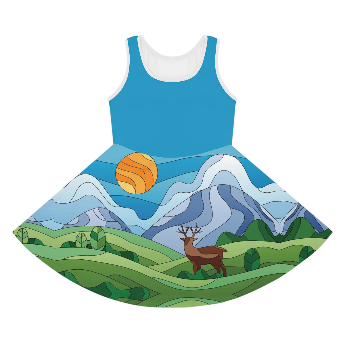 Girls' Sundress - Scenic Mountain Deer Print Sleeveless Dress