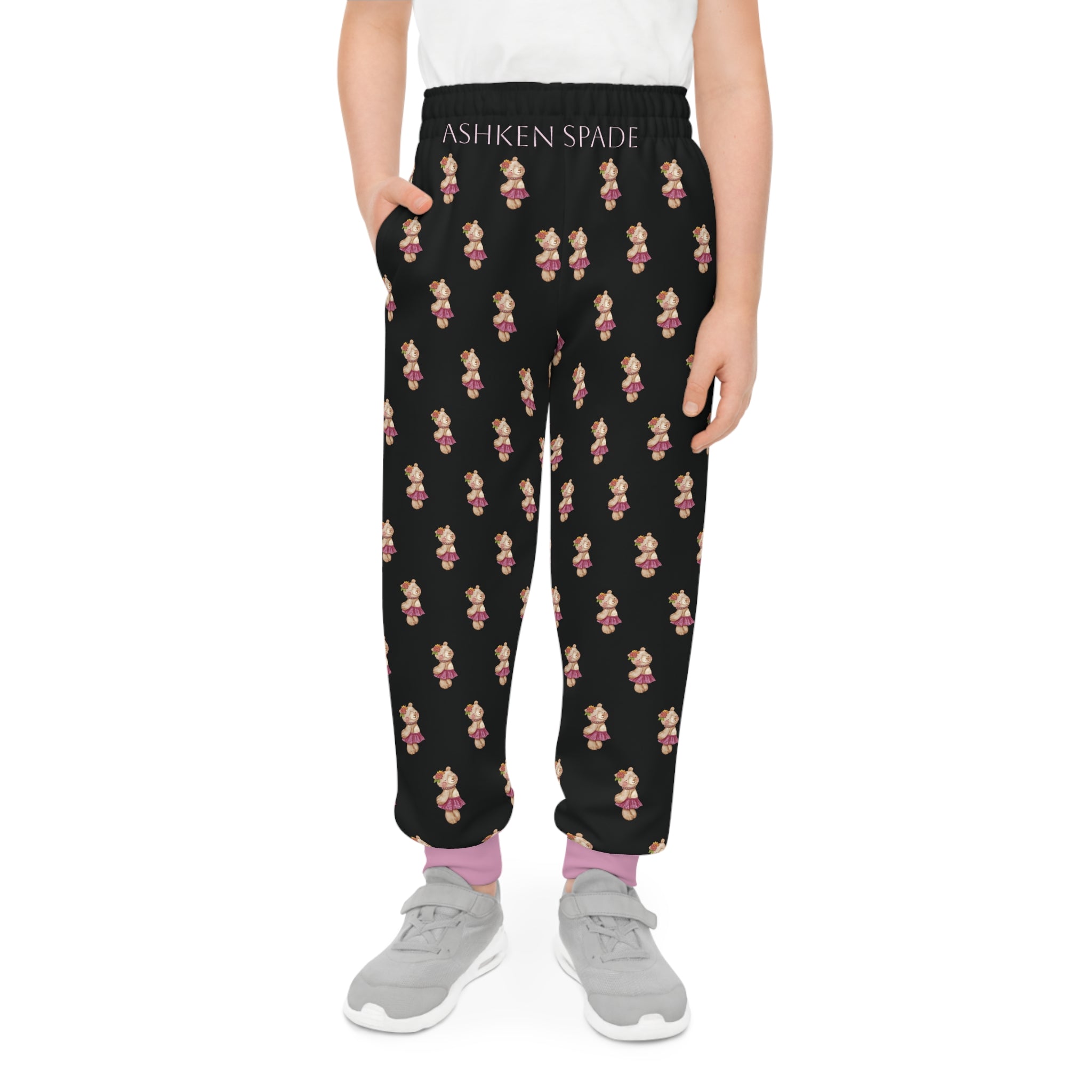 Cute Bear Ballet Design Black Jogger Pants with Pink Cuffs