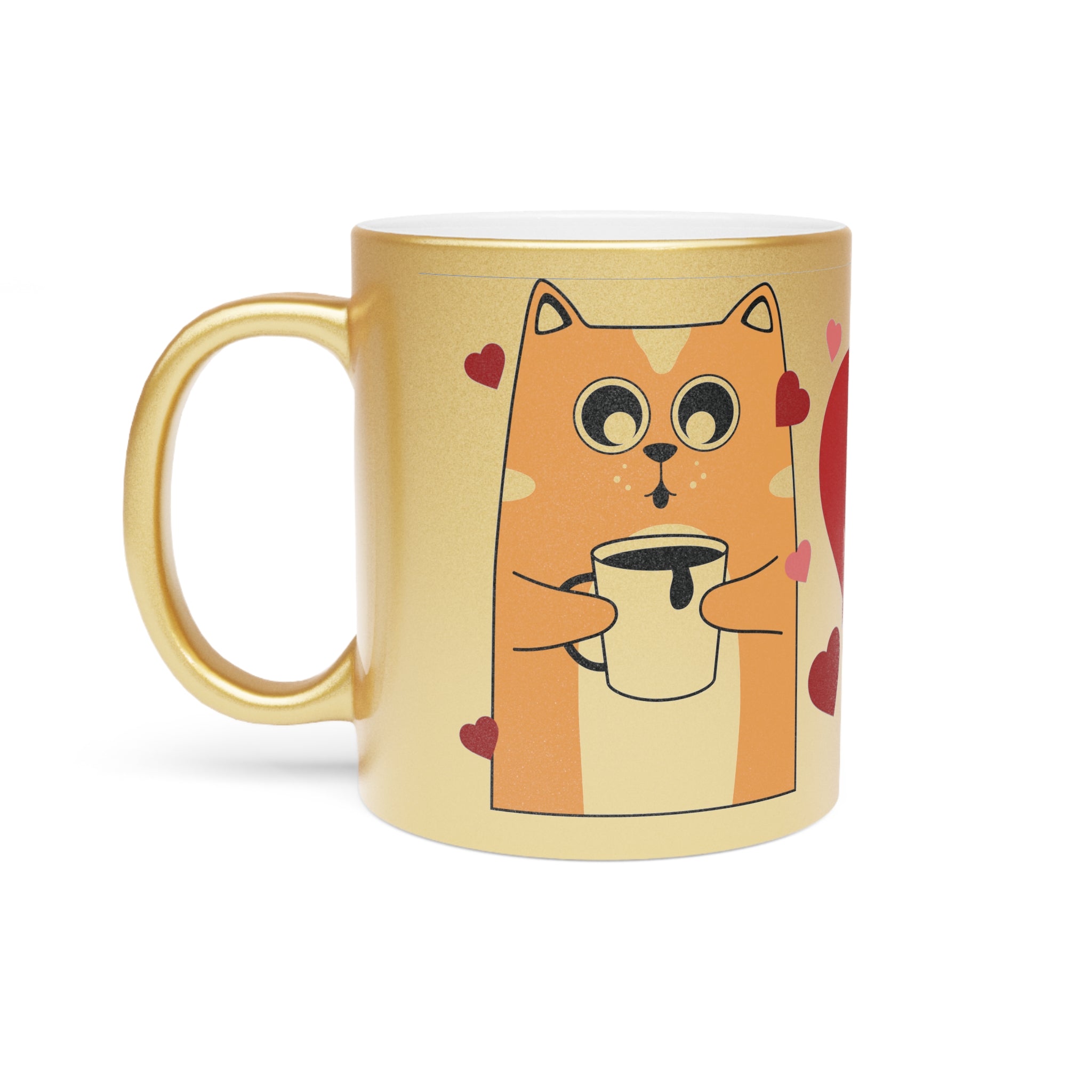 Cute Cat Holding Coffee with Hearts Mug