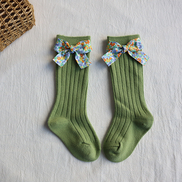 Ins Spring And Autumn Spain Baby Pit Striped Floral Bow Socks Baby Wild Princess Long Tube Socks