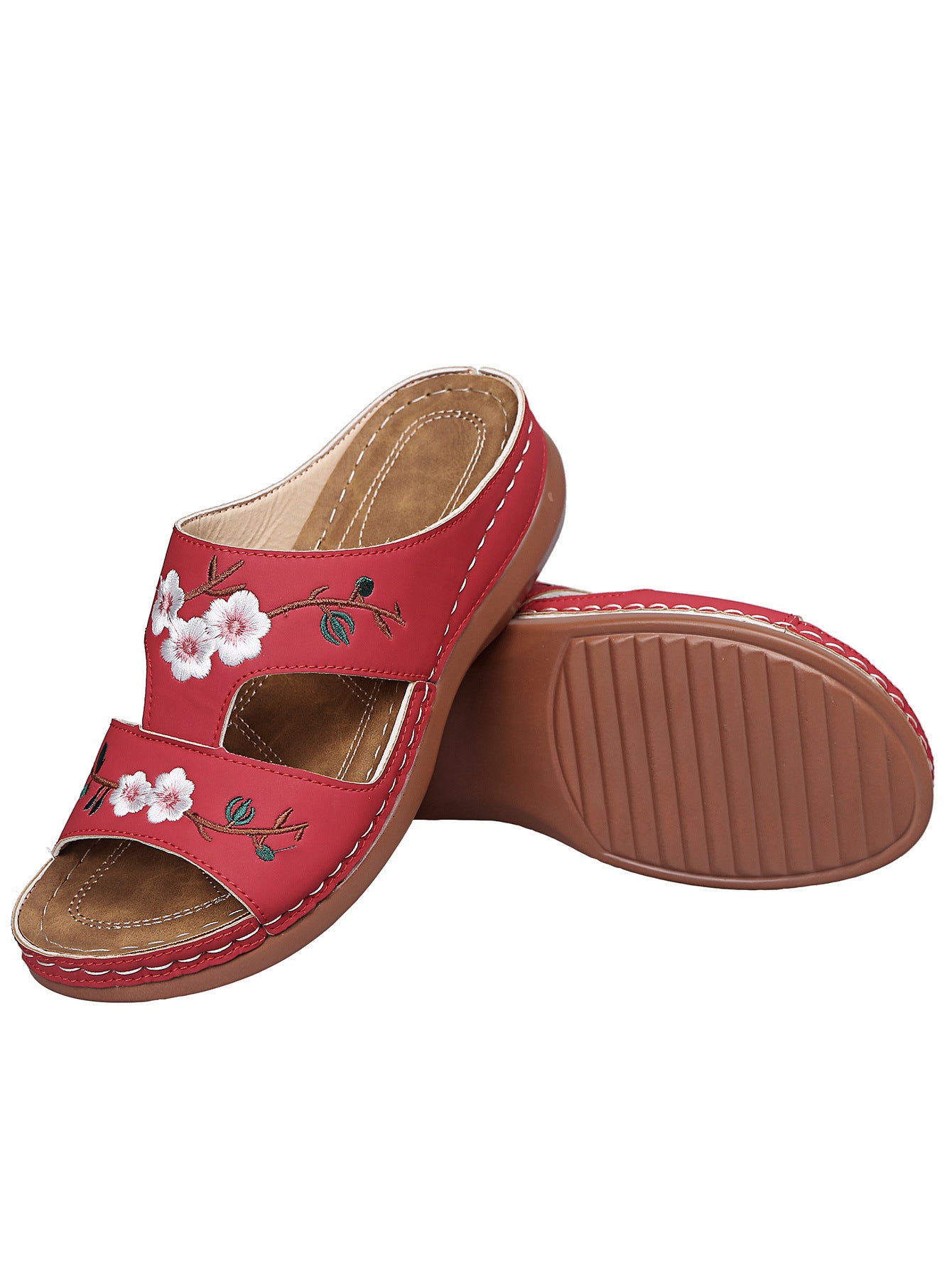 Women'S Plus Size Flower Open-Toe T-Shaped Wedge Sandals And Slippers
