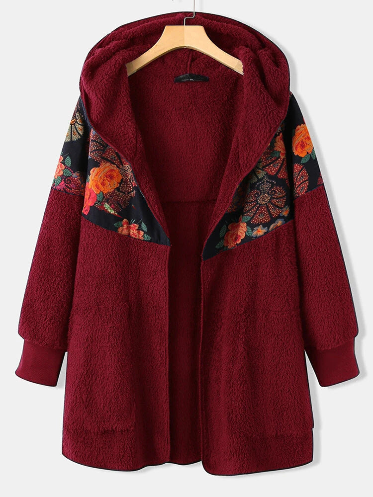 New Style Hooded Zipper Ethnic Printed Long Sleeved Double Sided Fleece Women's Loose Coat
