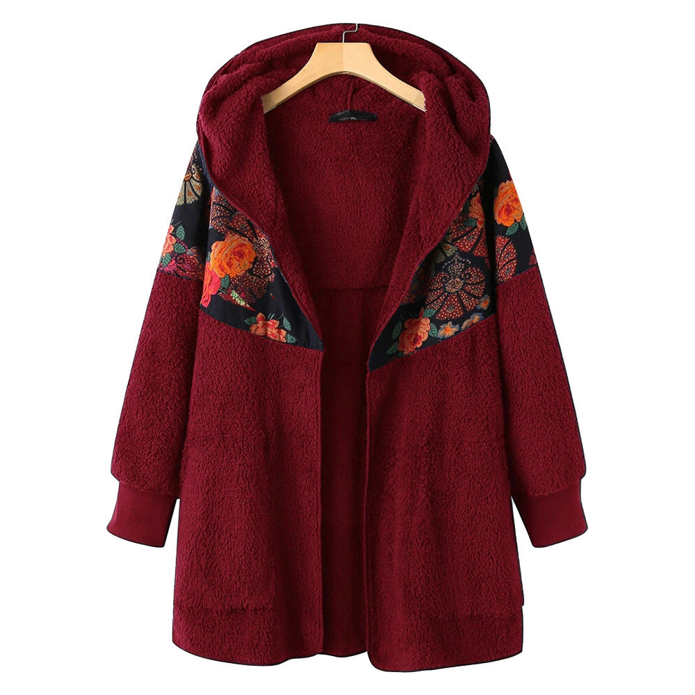 New Style Hooded Zipper Ethnic Printed Long Sleeved Double Sided Fleece Women's Loose Coat