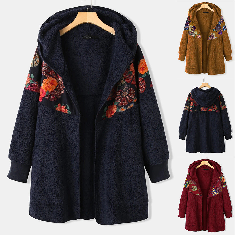 New Style Hooded Zipper Ethnic Printed Long Sleeved Double Sided Fleece Women's Loose Coat