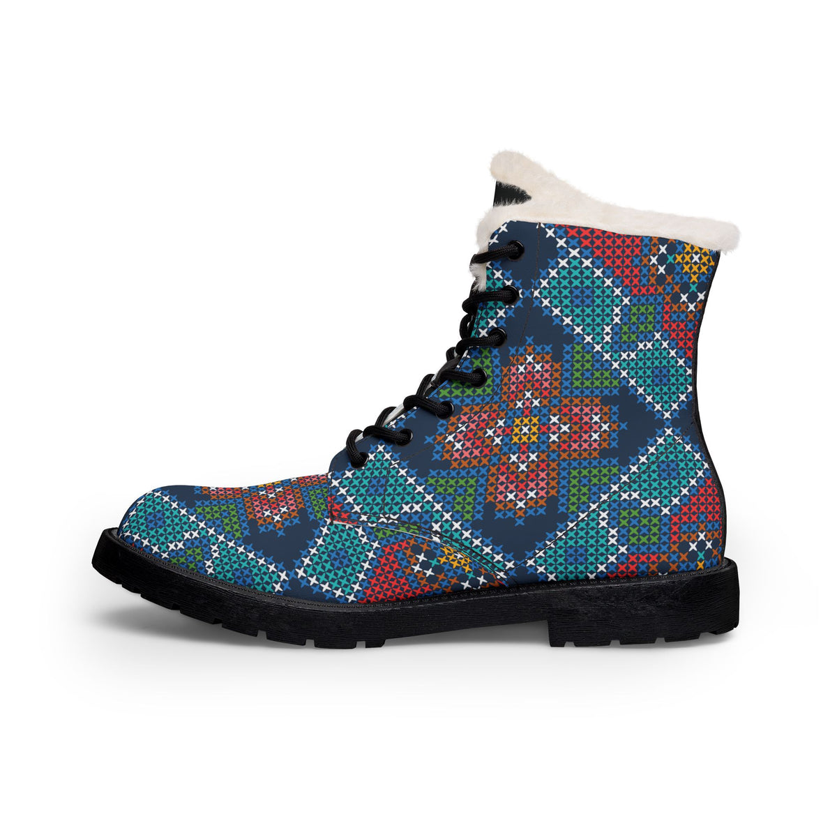 Boho Floral Pattern Fur-Lined Leather Boots