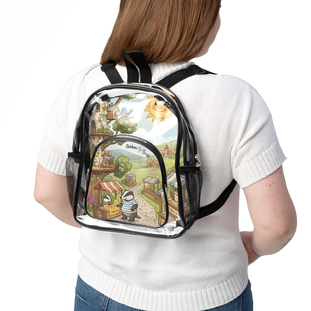 Clear Backpack with Whimsical Market Scene