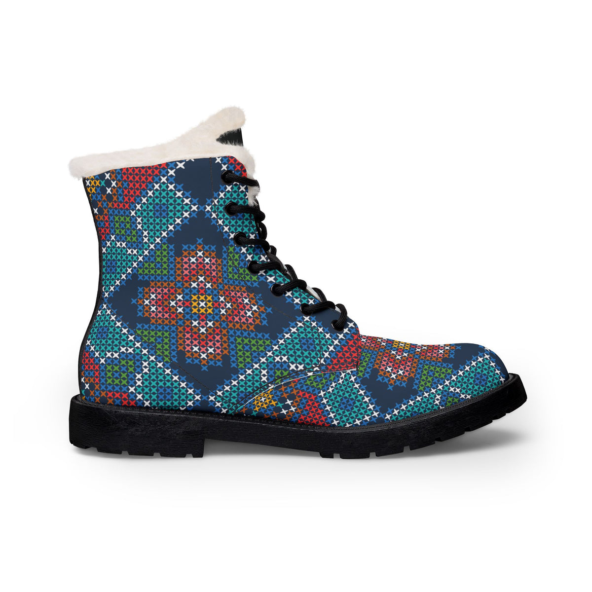 Boho Floral Pattern Fur-Lined Leather Boots