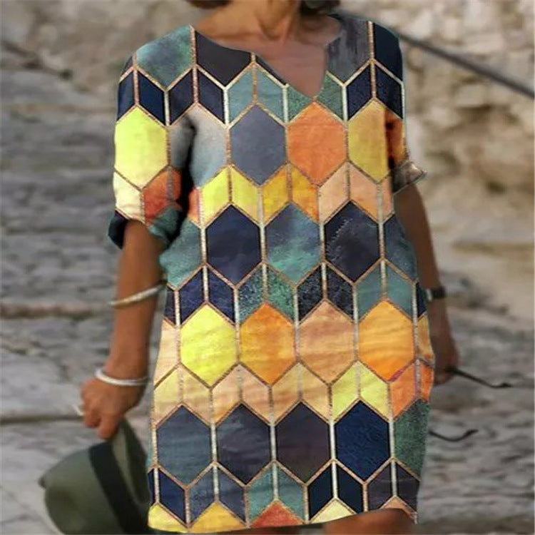 Loose Ladies Casual Geometric Long V-Neck Dress