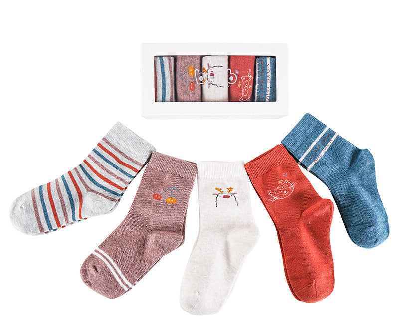 Five pairs of breathable cartoon baby socks in autumn and winter