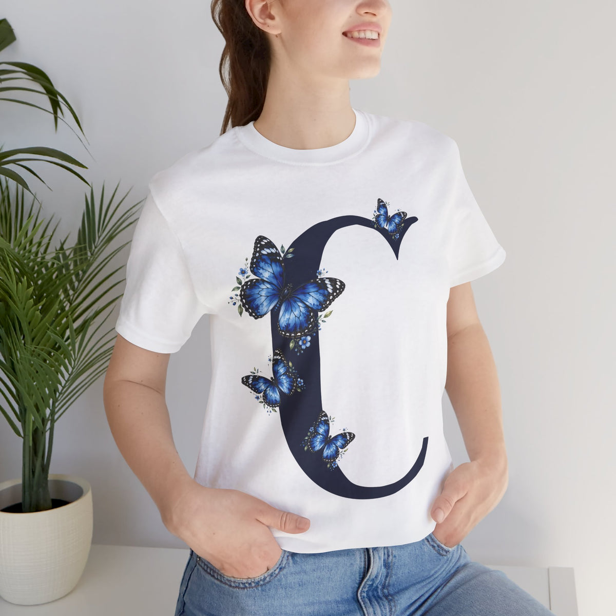 Blue Butterfly Floral Monogram C Letter T-Shirt