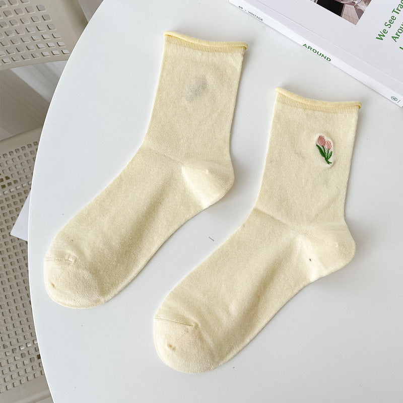 Thin Stacked Socks Macaron Embroidery