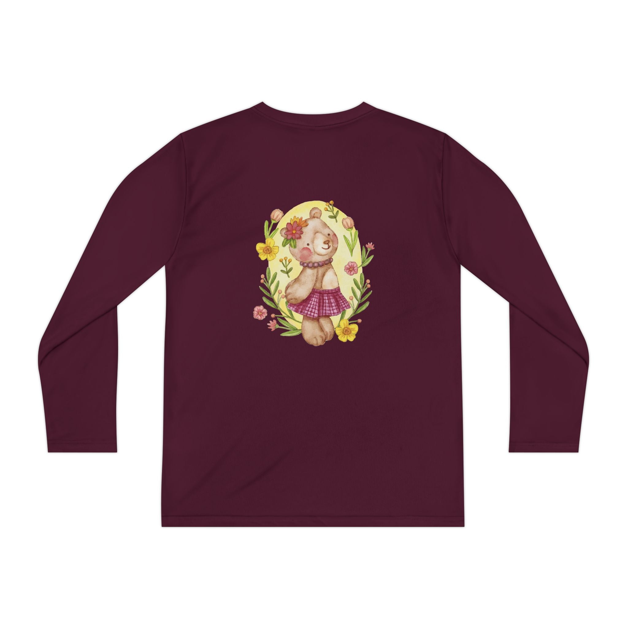 Youth Long Sleeve Tee — Cute Floral Bear Illustration with "Ashken Spadde" Text