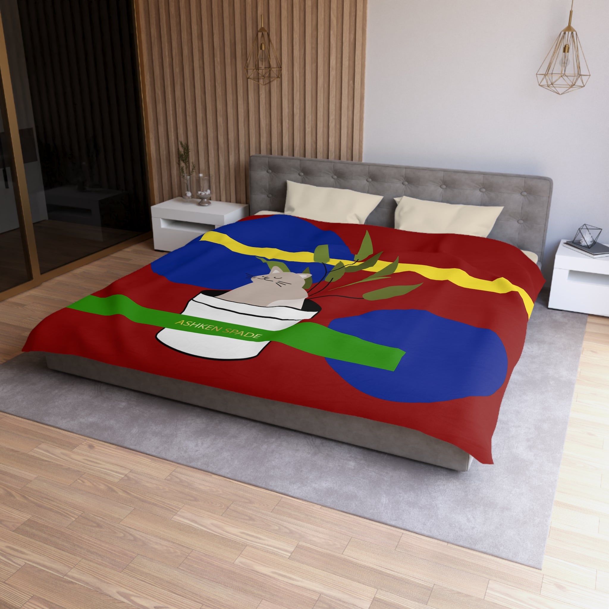 Red Cozy Cat & Plant Duvet Cover
