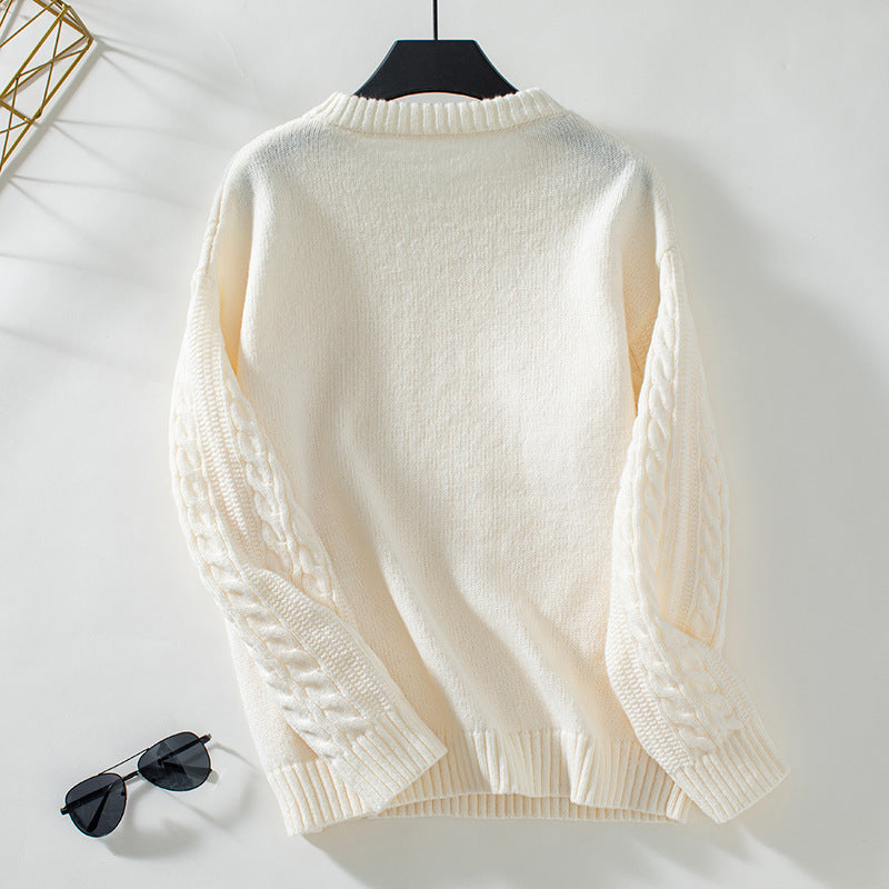 Women's Casual Solid Color Round Neck  Loose Retro Sweater