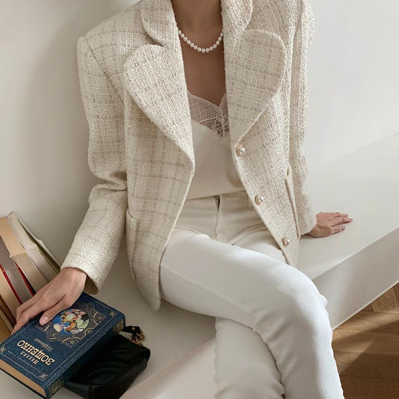 Pearl ButtonLoose Pocket Quilted Tweed Short Coat