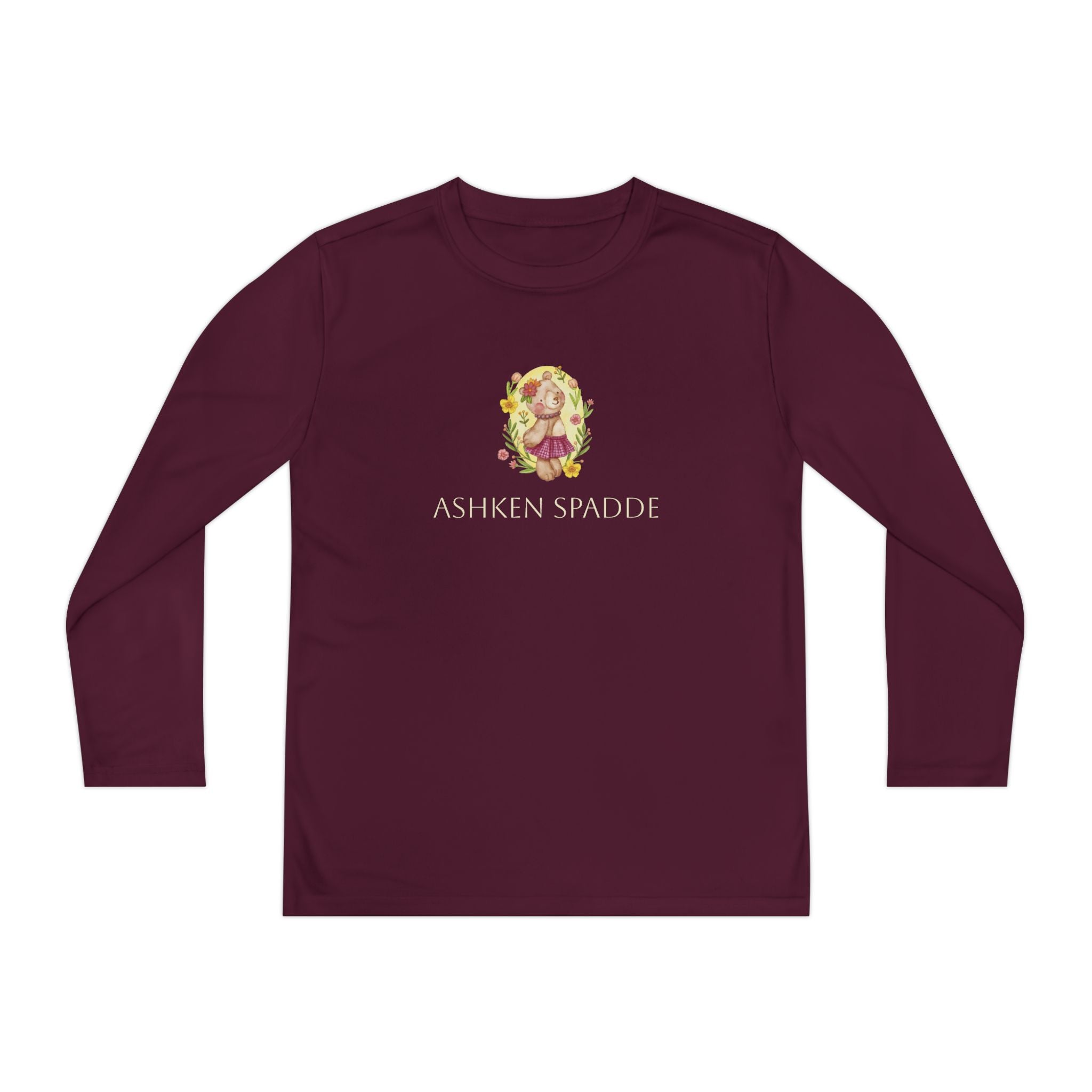 Youth Long Sleeve Tee — Cute Floral Bear Illustration with "Ashken Spadde" Text