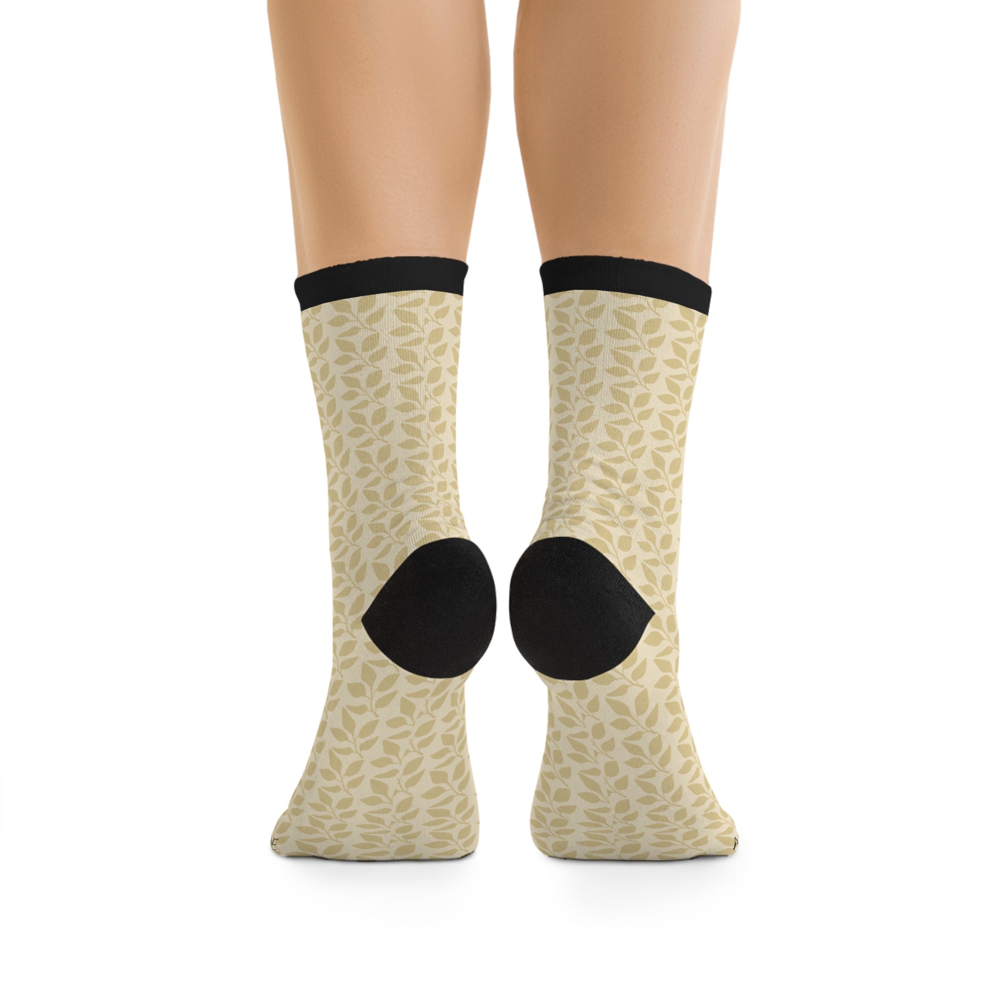 Black & Beige Leaf Poly Crew Socks
