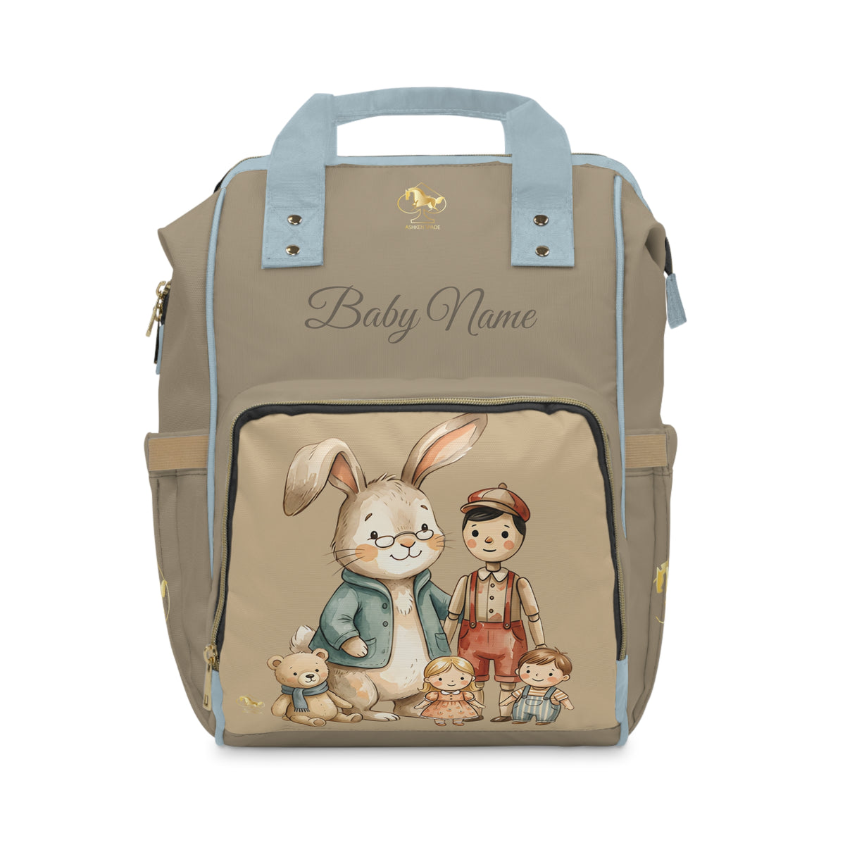 Personalized Cute Bunny & Doll Baby Diaper Backpack/Brown