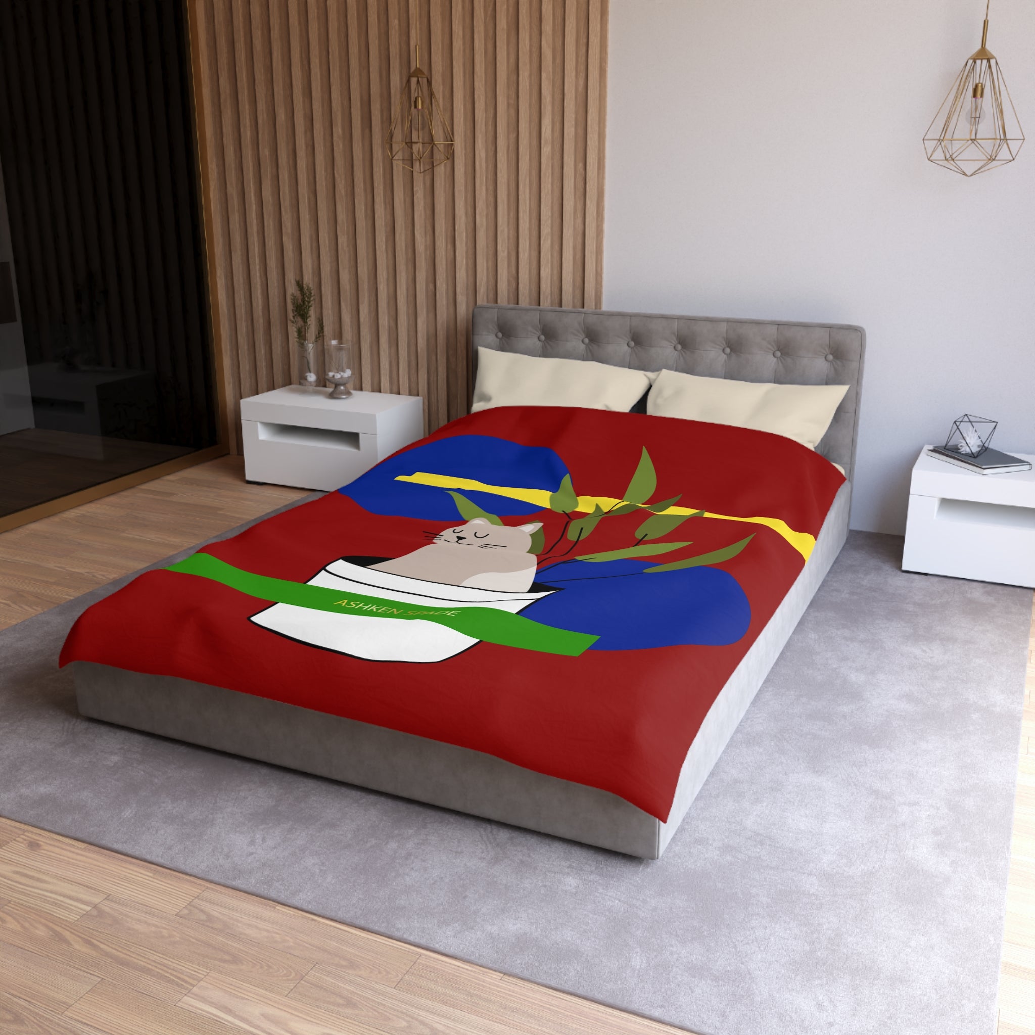 Red Cozy Cat & Plant Duvet Cover