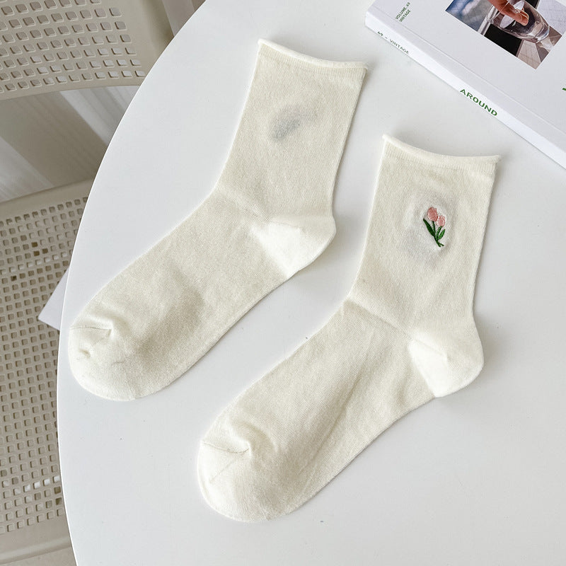 Thin Stacked Socks Macaron Embroidery