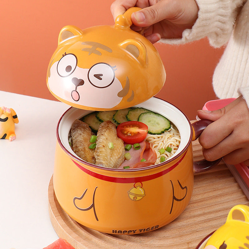 Ceramic Instant Noodle Bowl Large Capacity With Lid With Handle