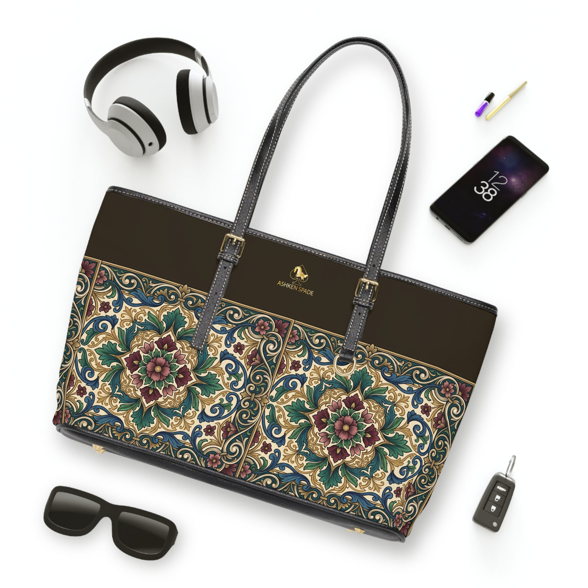 Ornate Floral Tile PU Leather Shoulder Bag