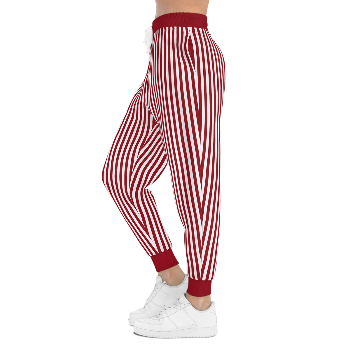 Red and White Vertical Striped Athletic Joggers