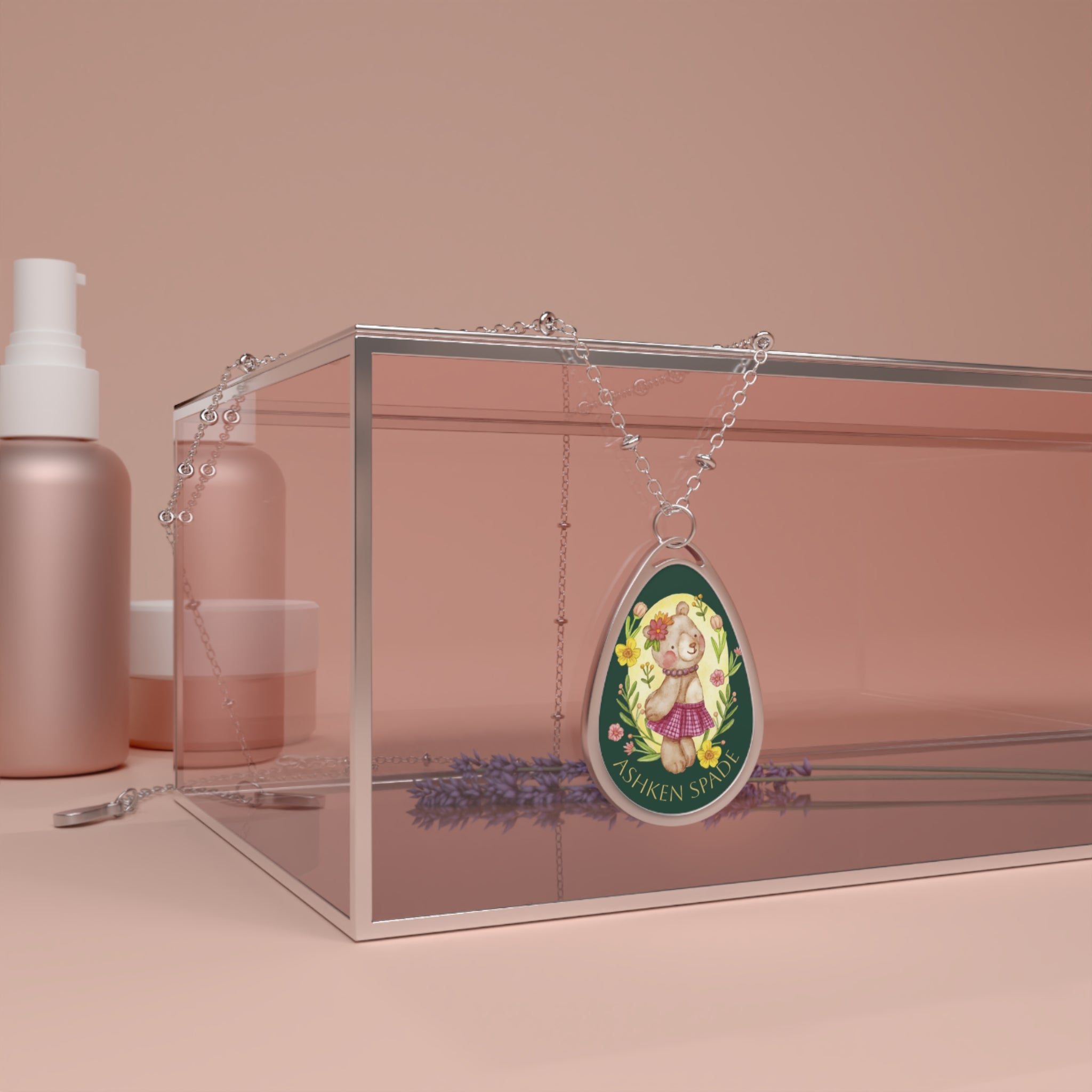 Floral Bear Engraved Teardrop Necklace