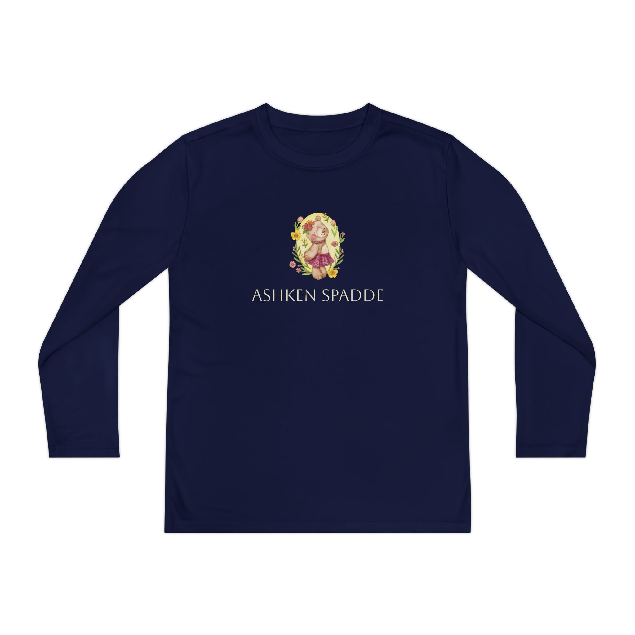 Youth Long Sleeve Tee — Cute Floral Bear Illustration with "Ashken Spadde" Text