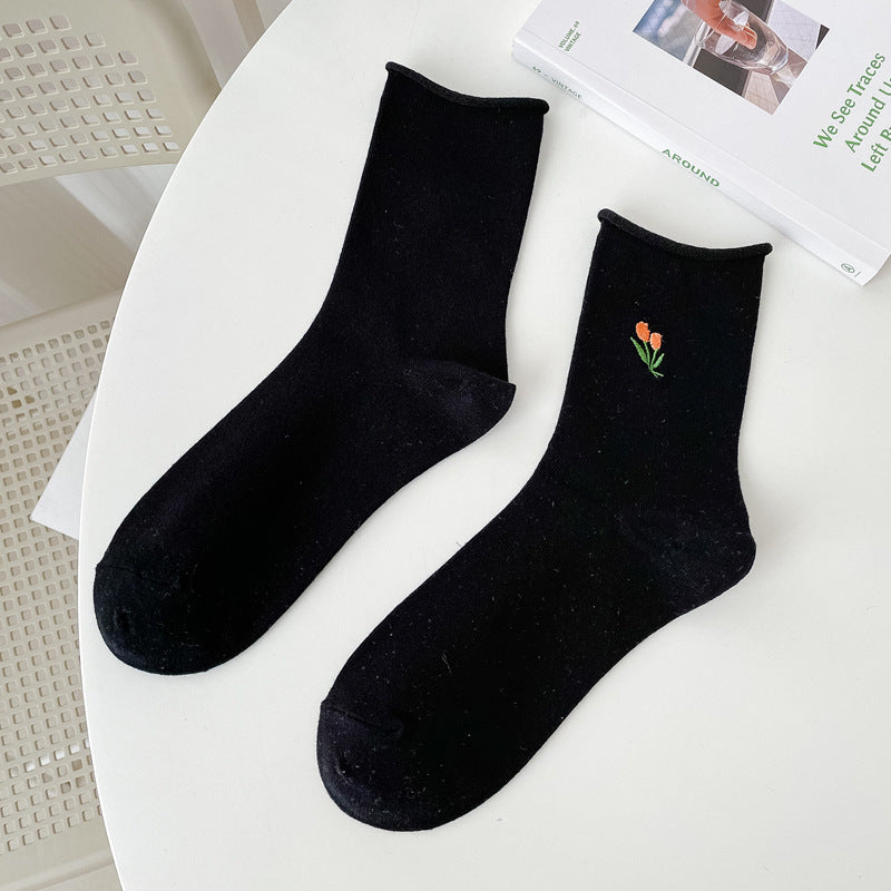 Thin Stacked Socks Macaron Embroidery