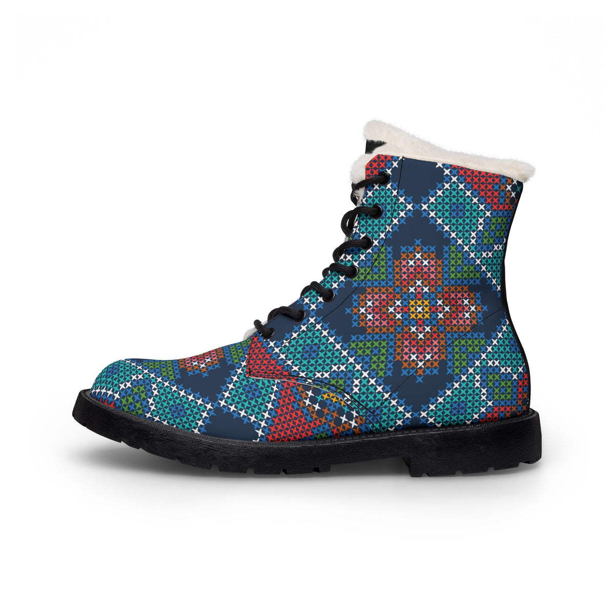 Boho Floral Pattern Fur-Lined Leather Boots