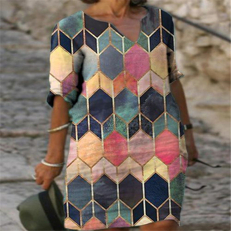 Loose Ladies Casual Geometric Long V-Neck Dress