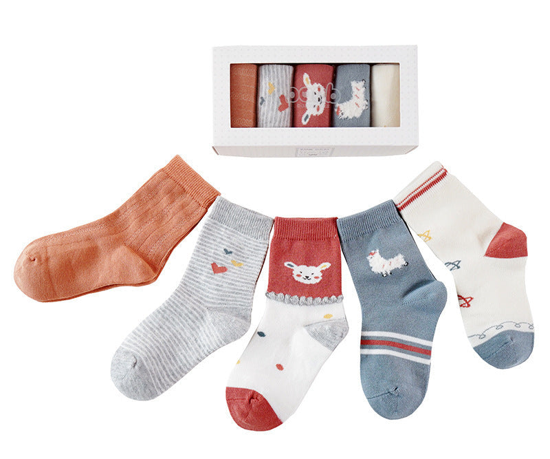 Five pairs of breathable cartoon baby socks in autumn and winter
