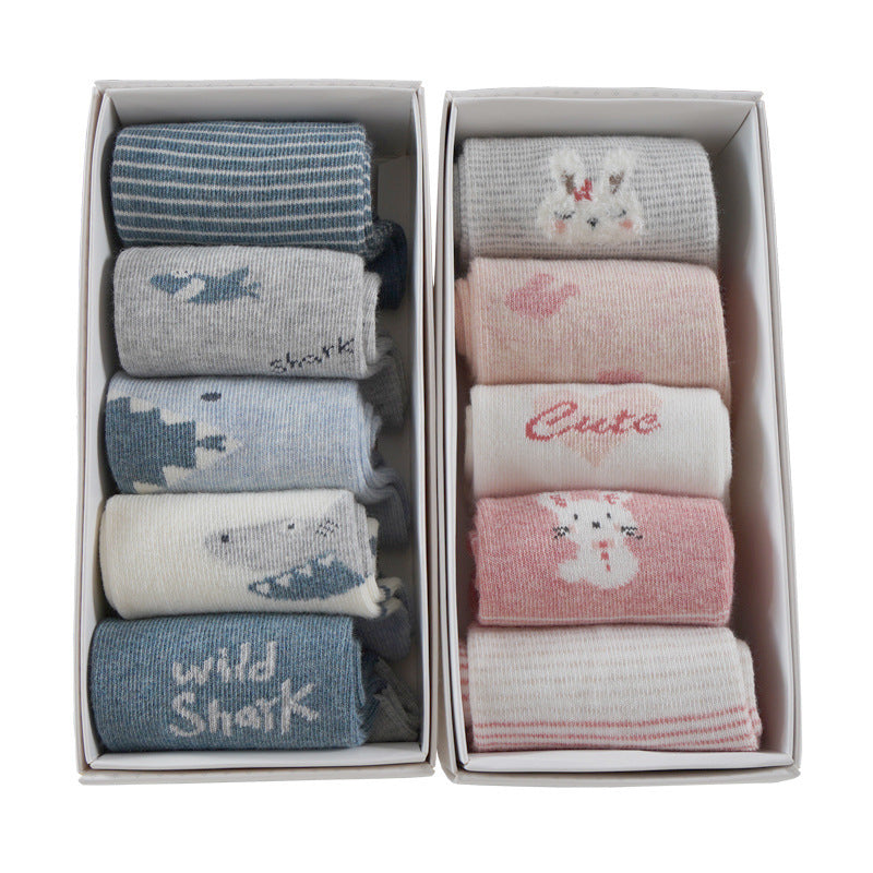 Five pairs of breathable cartoon baby socks in autumn and winter