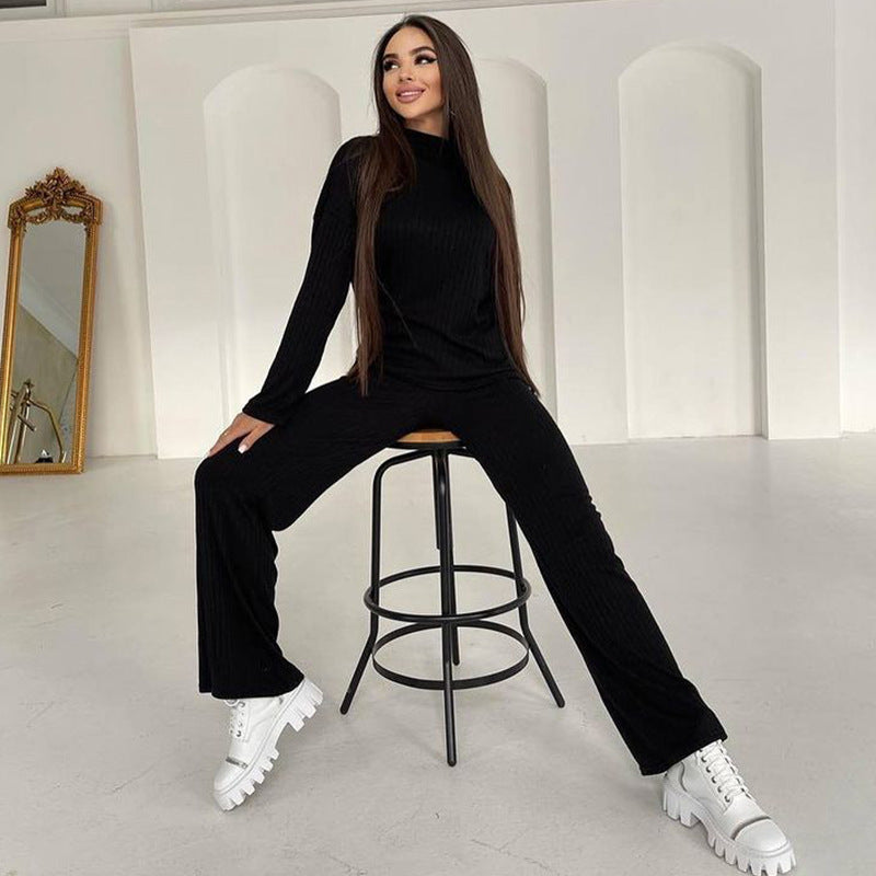 Two-piece Cross-border New Spring Leisure Slimming Solid Color Turtleneck Loose Knitted Long Sleeves Ladies