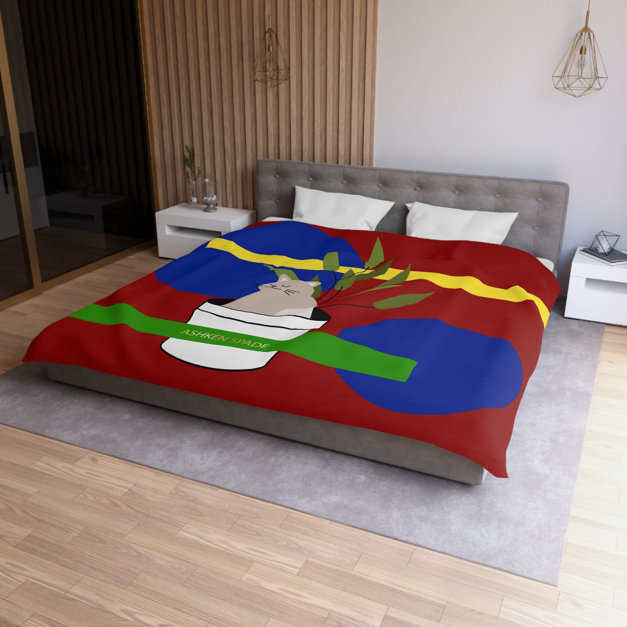 Red Cozy Cat & Plant Duvet Cover