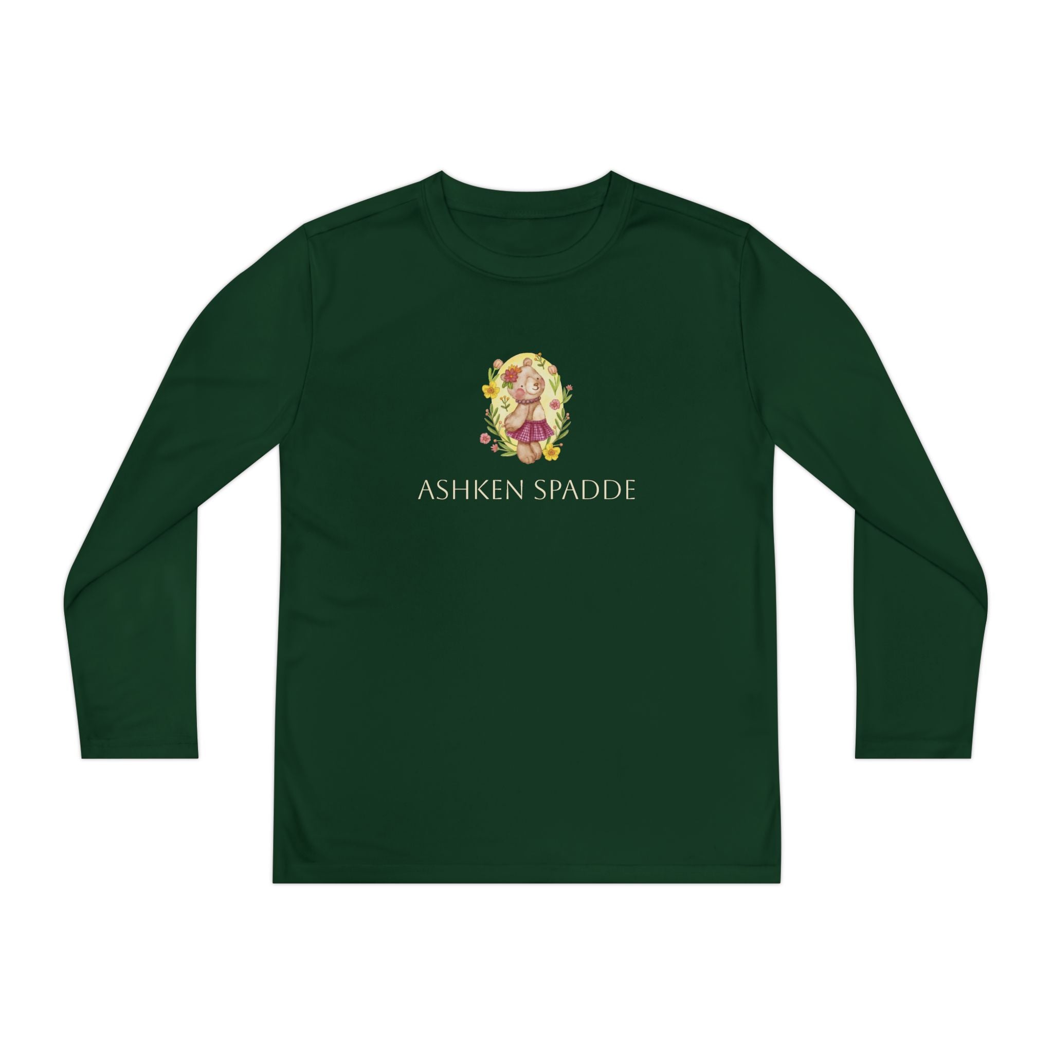 Youth Long Sleeve Tee — Cute Floral Bear Illustration with "Ashken Spadde" Text