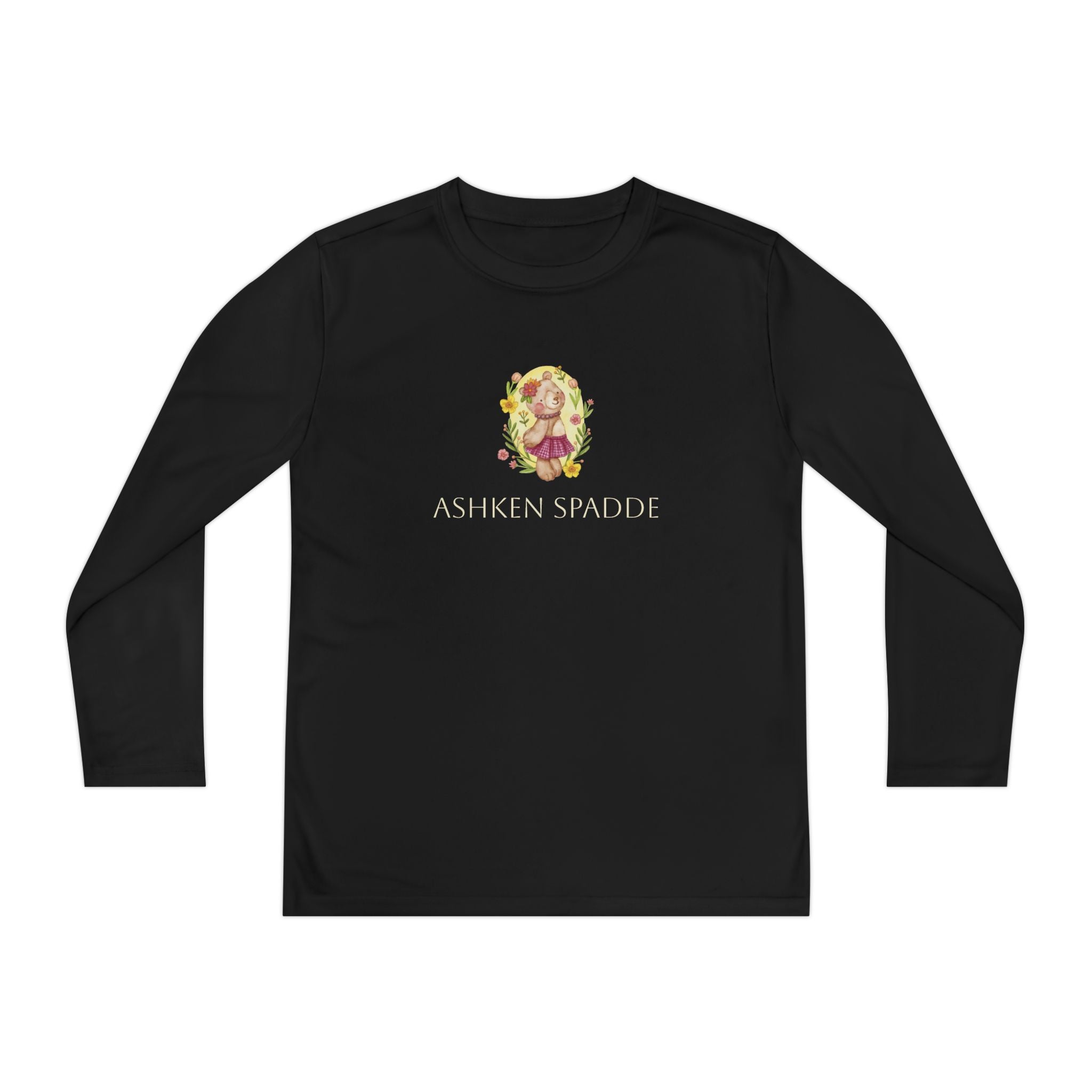 Youth Long Sleeve Tee — Cute Floral Bear Illustration with "Ashken Spadde" Text