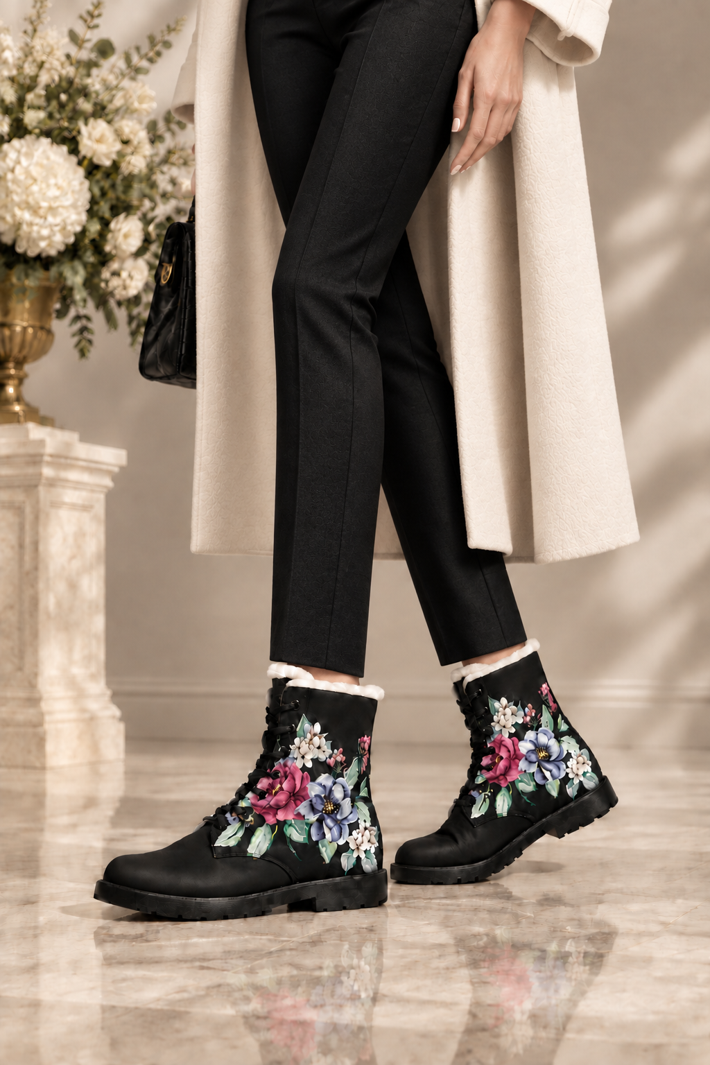Floral Shearling-Lined Leather Boots