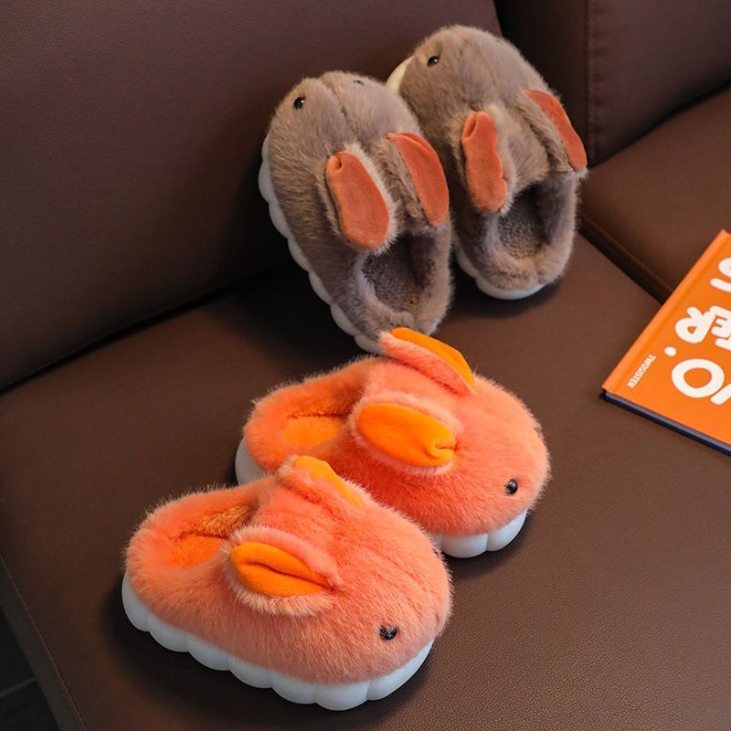 Winter Soft Sole Household Cartoon Cute Rabbit Big Medium And Small Children's Woolen Shoes Adorable 3D bunny ears and red-nose design